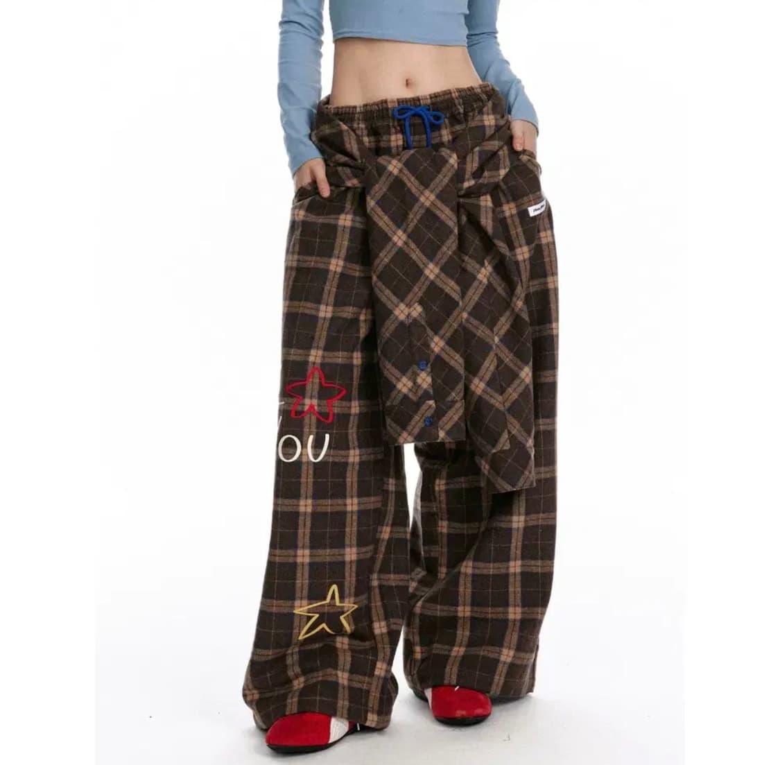 Jikoo 지쿠 체크 와이드 밴딩 팬츠 L 상품이미지9