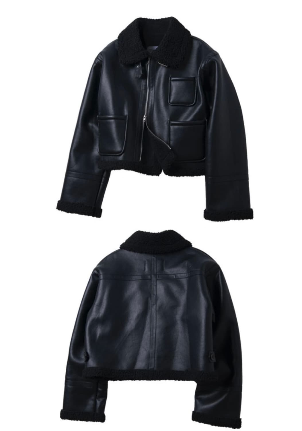솔리드 무톤 폴리스 양털 레더 무스탕 자켓 올블랙 상품이미지2