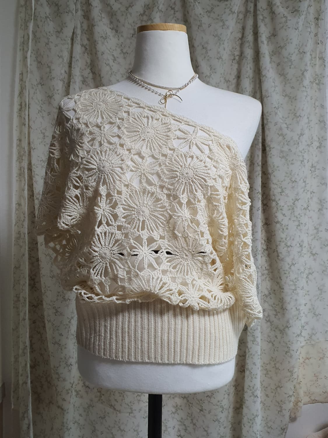 [일본빈티지] 아이보리색 크로셰 뜨개 반팔 셔츠 상품이미지2
