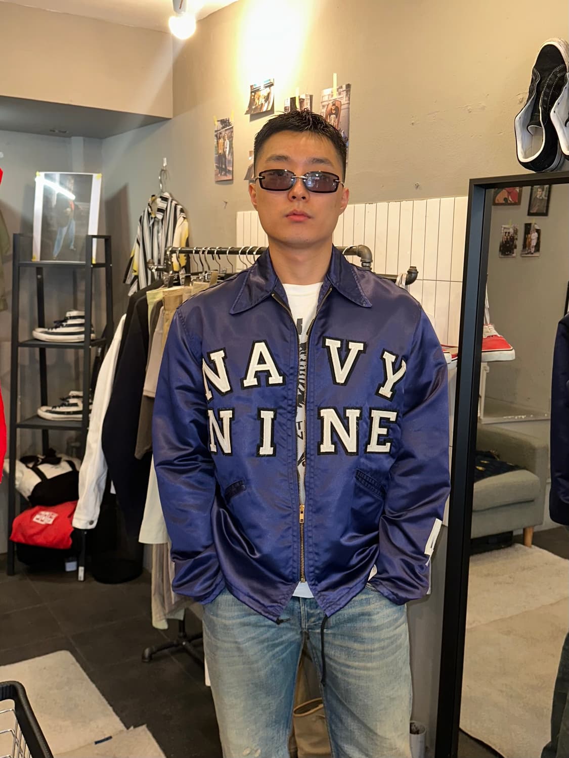 90’s Navy Nine patch satin coach jacket 상품이미지1