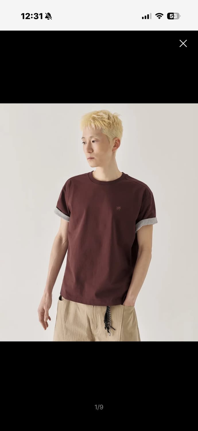 키뮤어 배색 롤업 크롭 반팔 버건디 상품이미지1