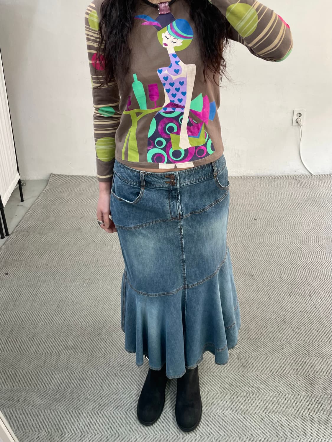 vintage 사선 미디 데님스커트 상품이미지2