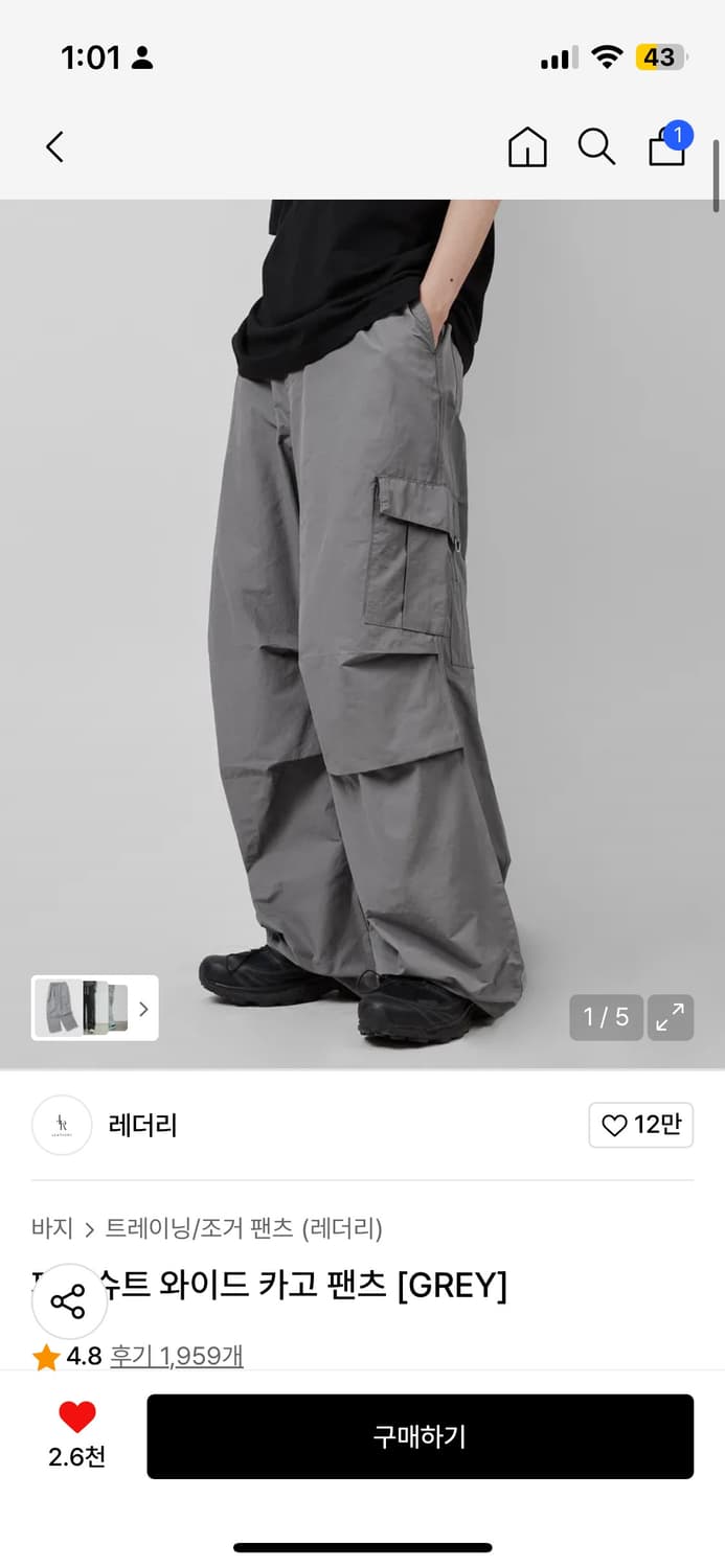 레더리 파라슈트 와이드 카고 팬츠 그레이 상품이미지1