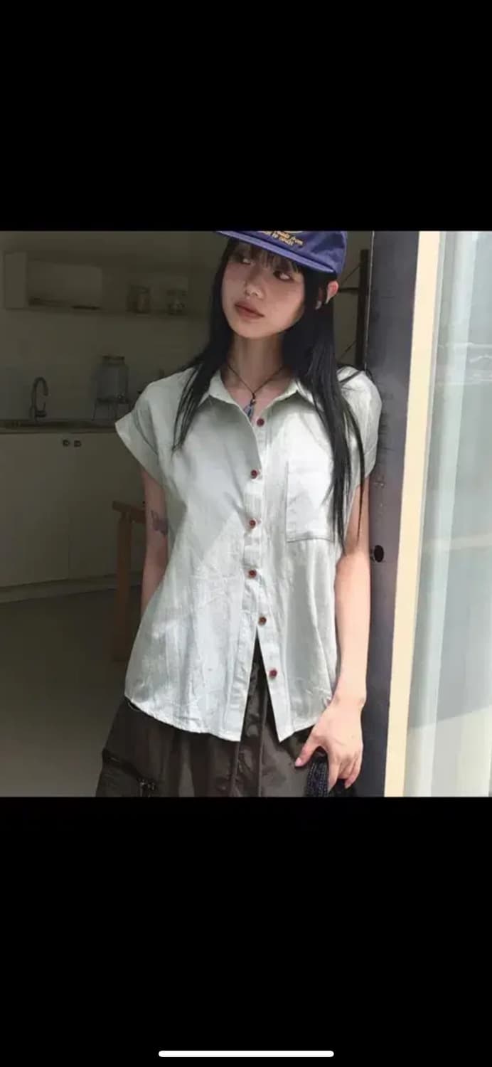 원더원더 리엇 코튼 캡소매 롤업 반팔 남방 셔츠 민트 상품이미지2