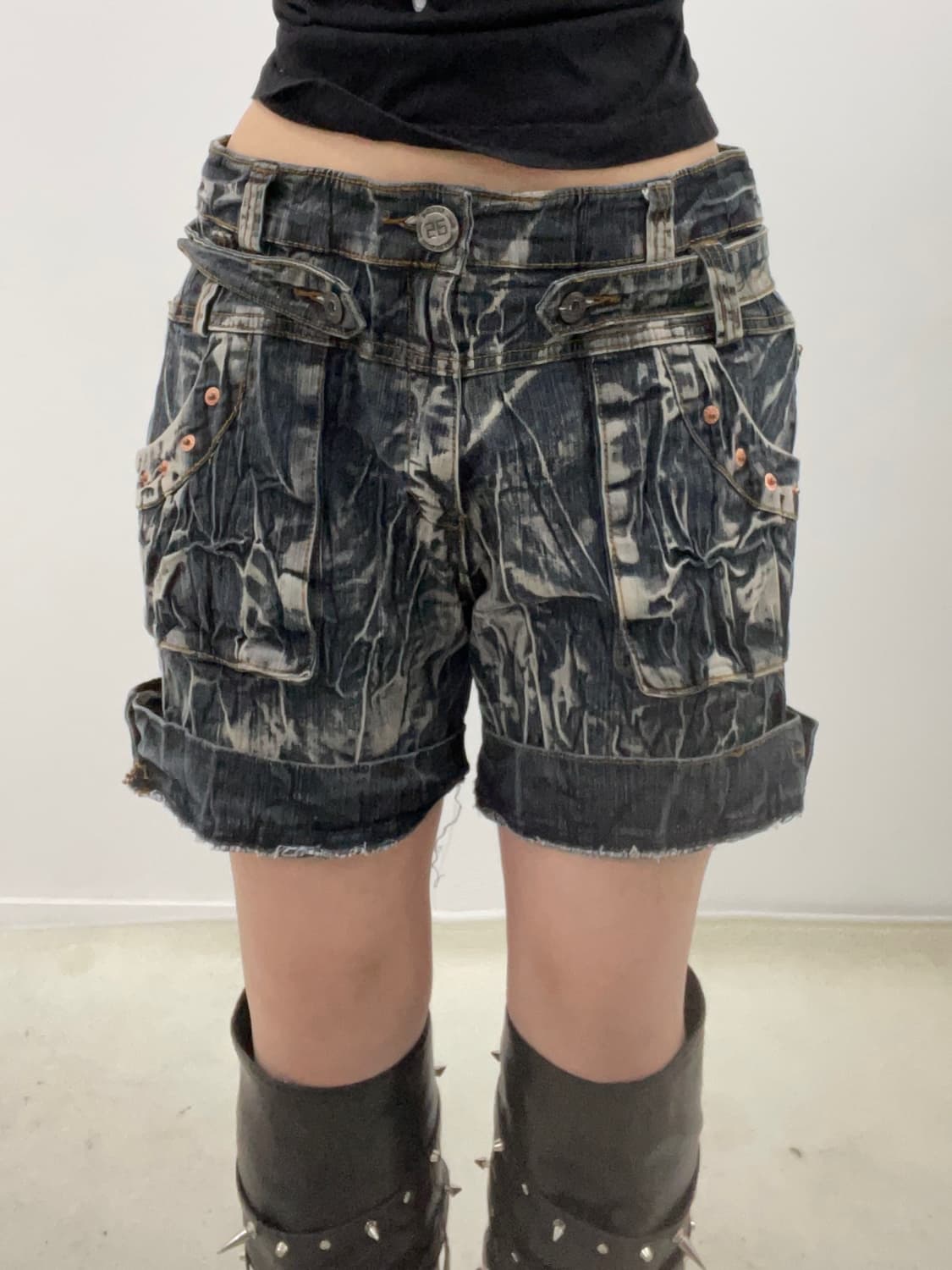 denim washing stud detail short pants 상품이미지5