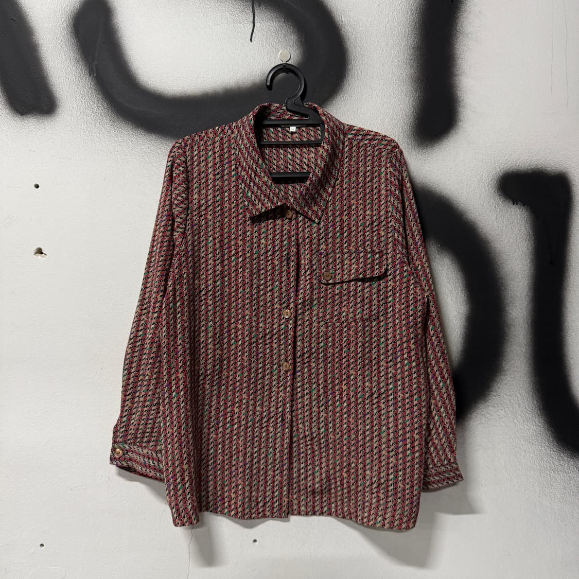 VTG 빈티지 기하학 하운드투스 스트라이프 패턴 원포켓 긴팔 셔츠 상품이미지1