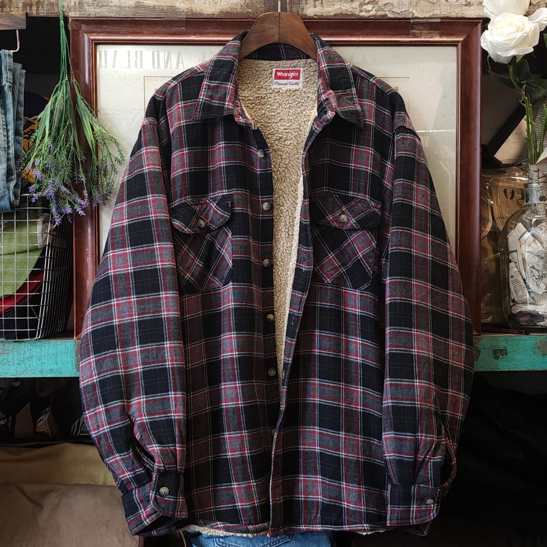 00s 랭글러 웨스턴 셔츠 플란넬 체크셔츠 쉐르파 양털 자켓 레드 xl 상품이미지1