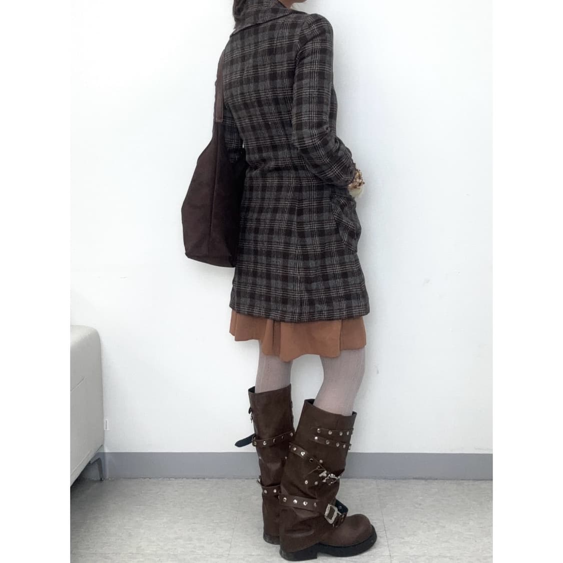 빈티지 브라운 체크 원피스 울 코트 상품이미지4