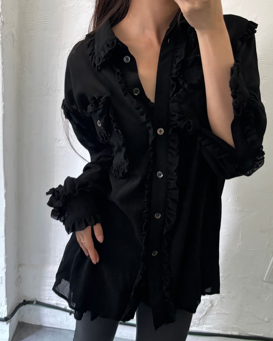 Moschino 모스키노 밀라노 블랙 러플 시어 블라우스 상품이미지2
