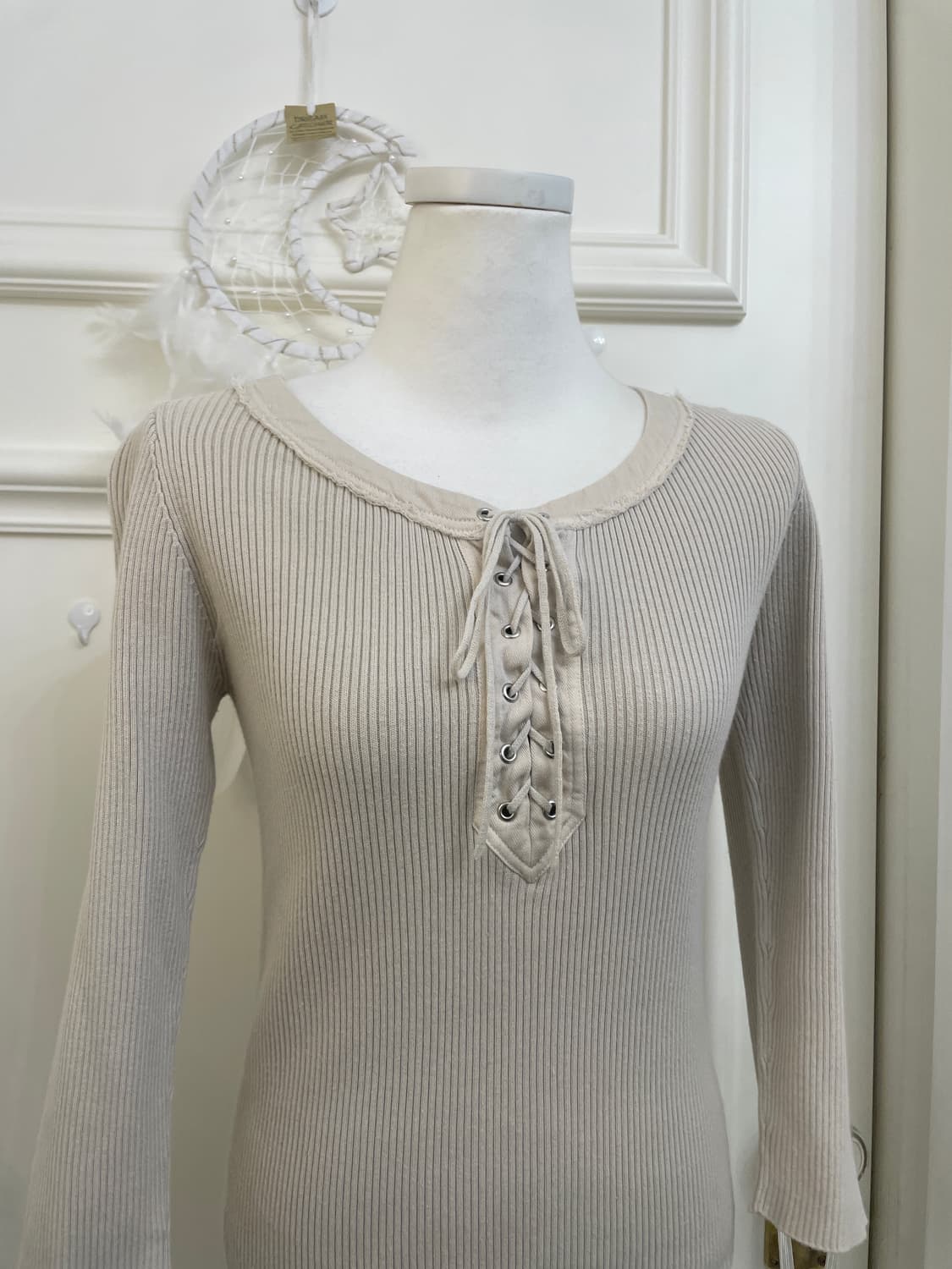 beige lace-up basic rib knit top(size-2) 상품이미지5
