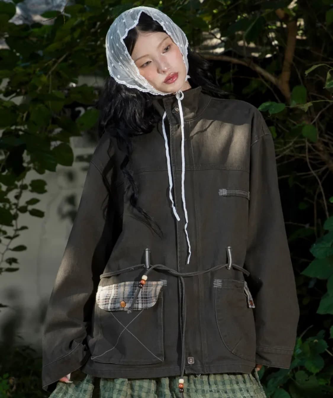 루나키후 체크 배색 워싱 코튼자켓 상품이미지2