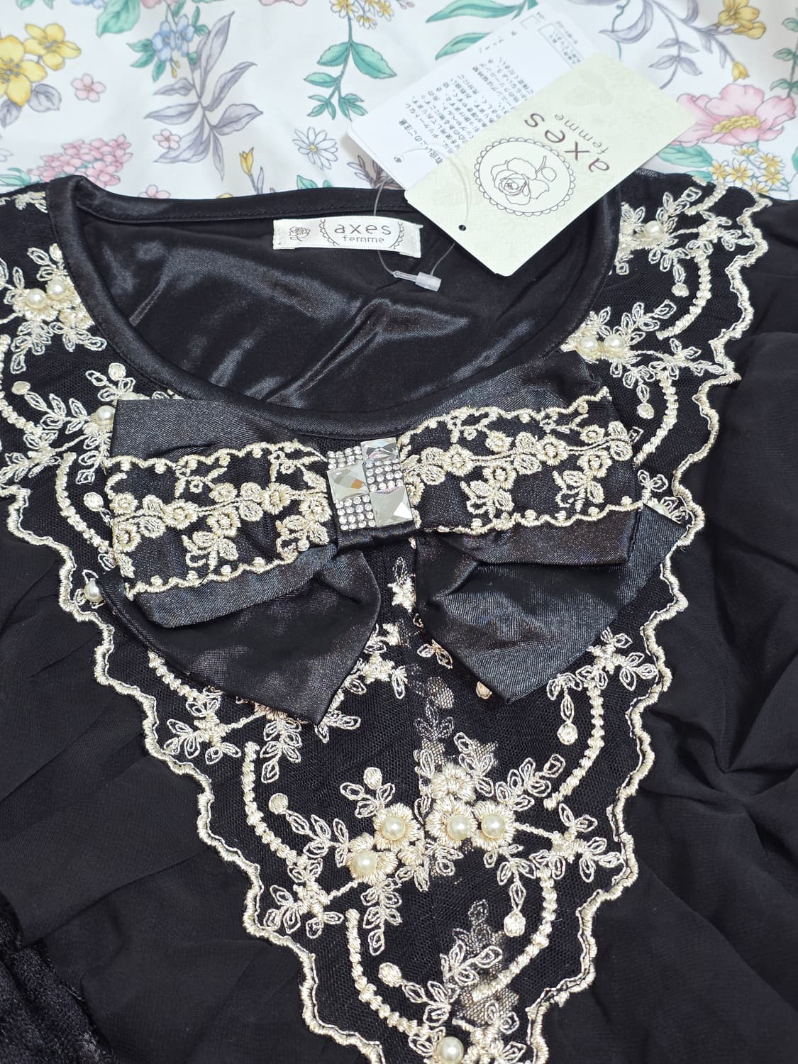 엑시즈팜 일본빈티지)빅리본 레이스진주 공겜여주프릴블랙 고딕로리타 블라우스 상품이미지2