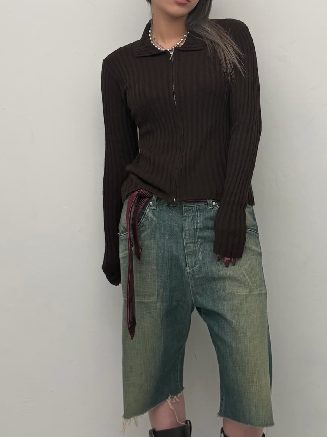 브라운 골지 니트 집업 상품이미지3