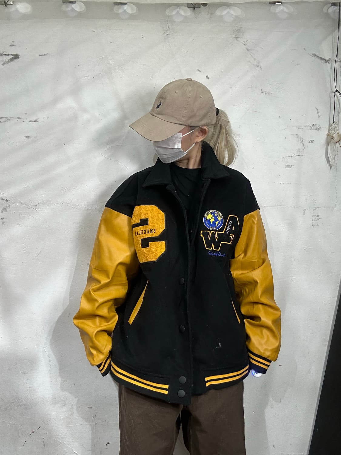 빈티지 블랙 옐로우 자수 빅 로고 레이싱 가죽 잠바 올드스쿨 자켓 XL 상품이미지2