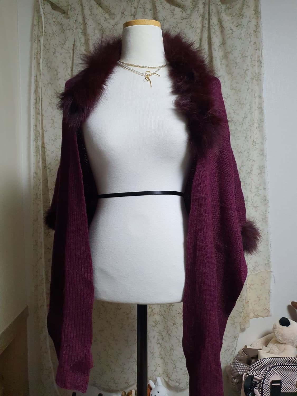 [빈티지] 퍼플 버건디 퍼 니트 숄 가디건 상품이미지1