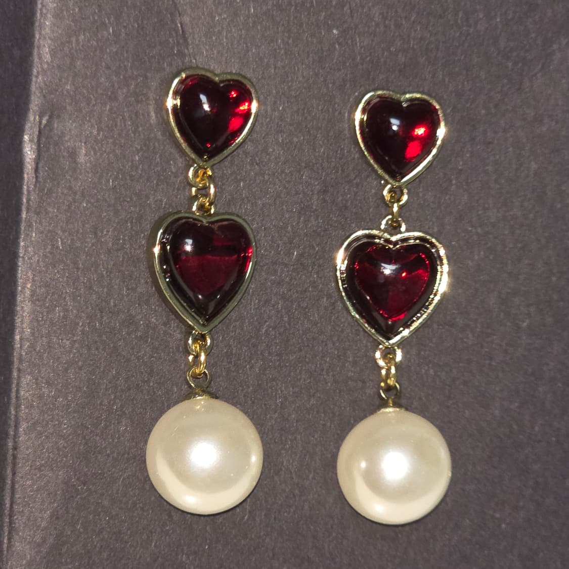일본빈티지)로맨틱 가넷루비컬러 하트스톤 진주 드롭귀걸이 상품이미지1