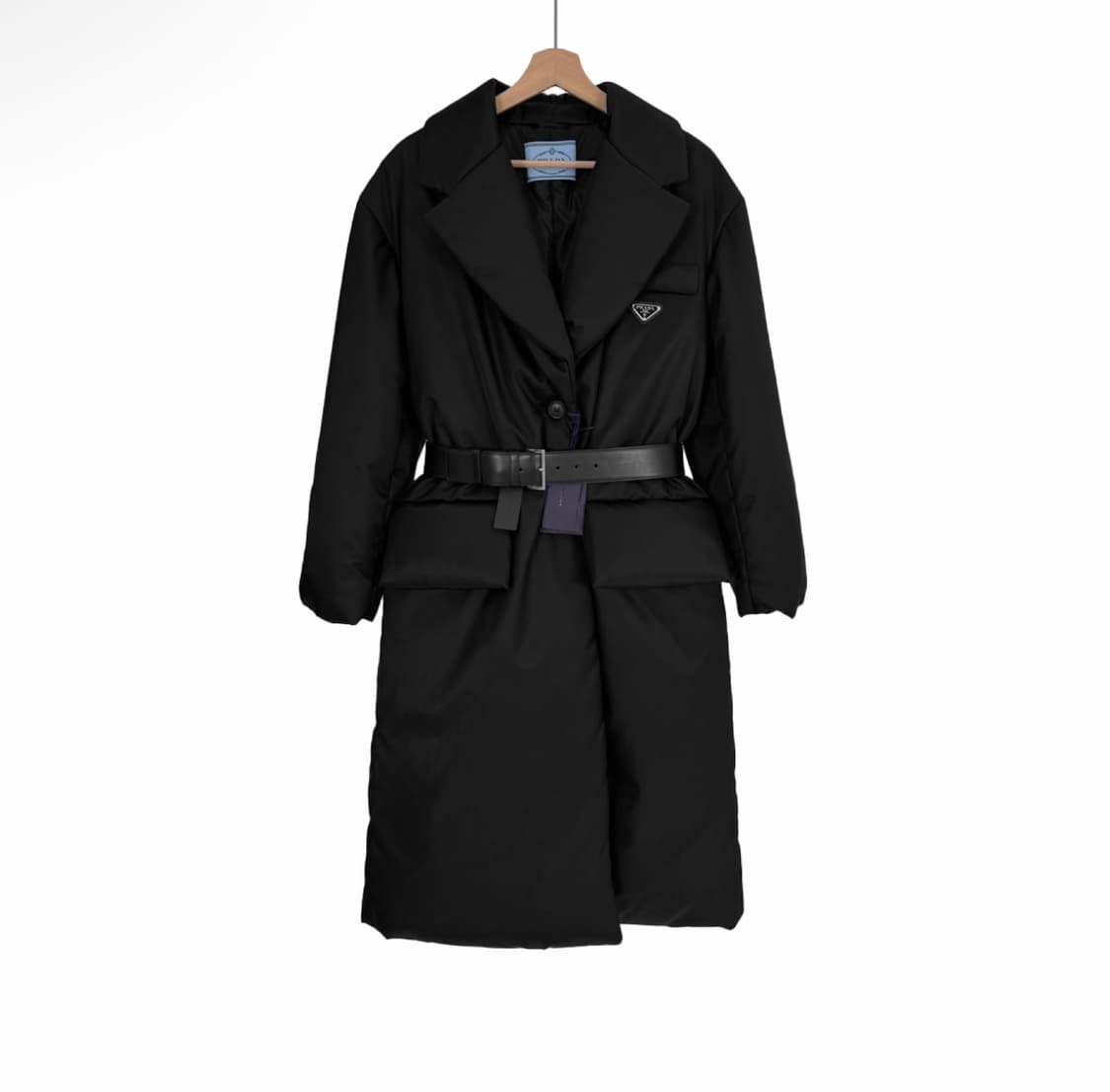 [38] 프라다 여성 리나일론 삼각로고 다운 벨트 롱 패딩 코트 블랙 상품이미지1