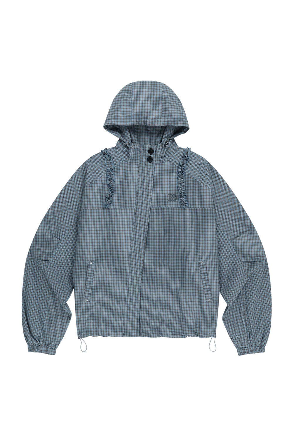 일리고 오블리크 프릴 후드 자켓 체크 블루 상품이미지3