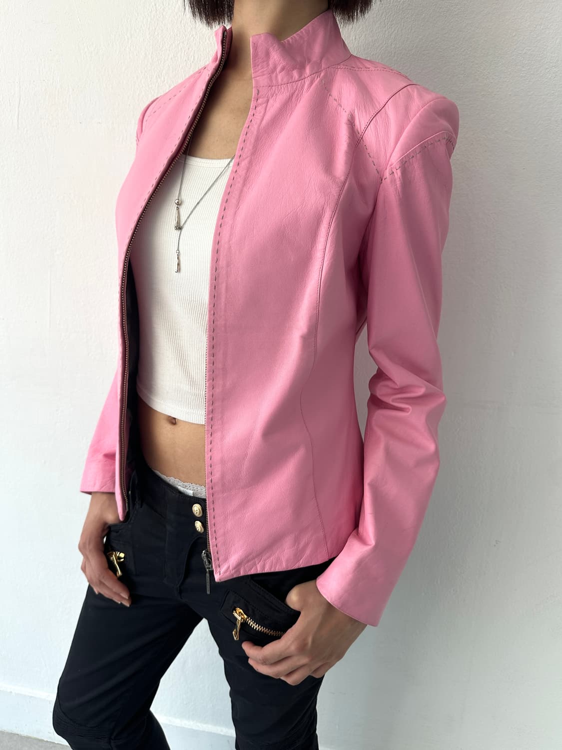 베르사체 베르수스 2000s 핑크 램스킨 레더 자켓 상품이미지1