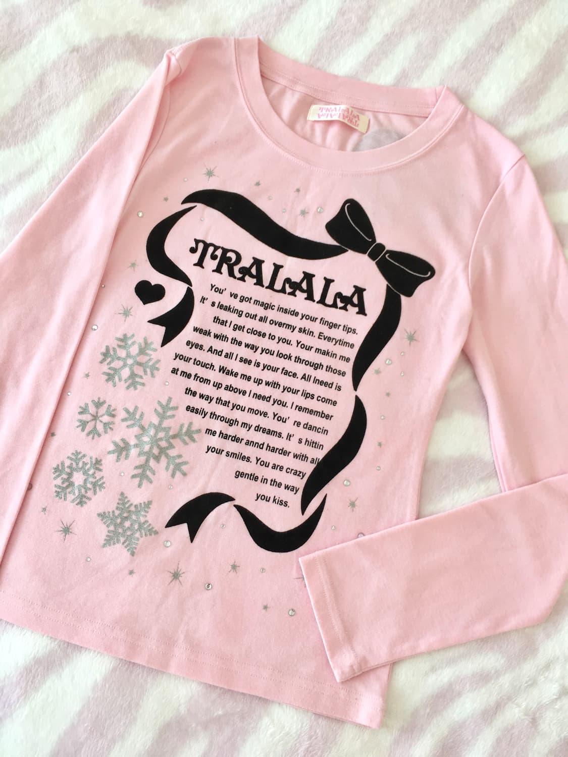 트랄라라 핑크 눈꽃 롱슬리브 티셔츠 레터링 리본 히메갸루 상품이미지3