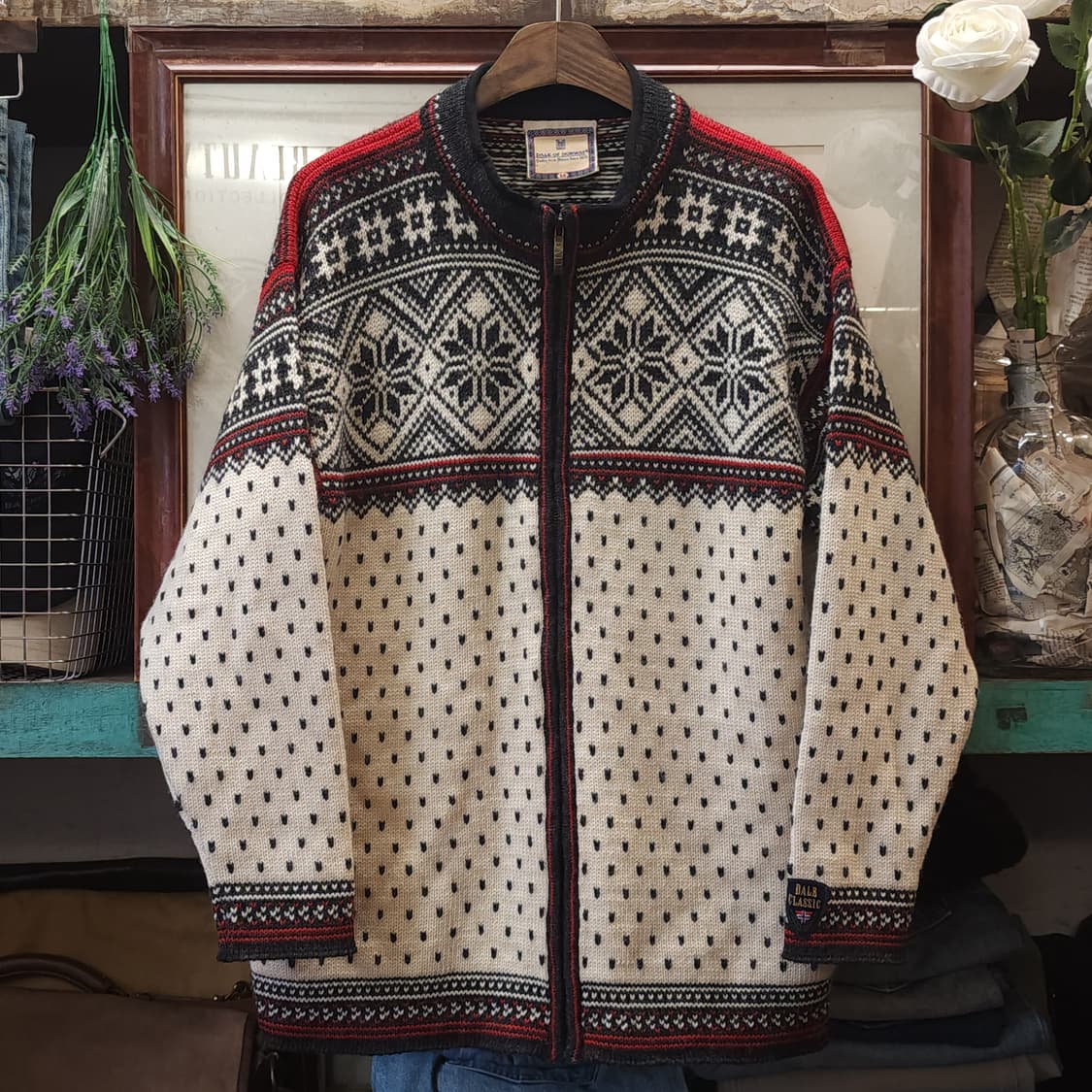 90s 데일 오브 노르웨이 퓨어 뉴울 노르딕 패턴 풀집 울 스웨터 M 상품이미지1