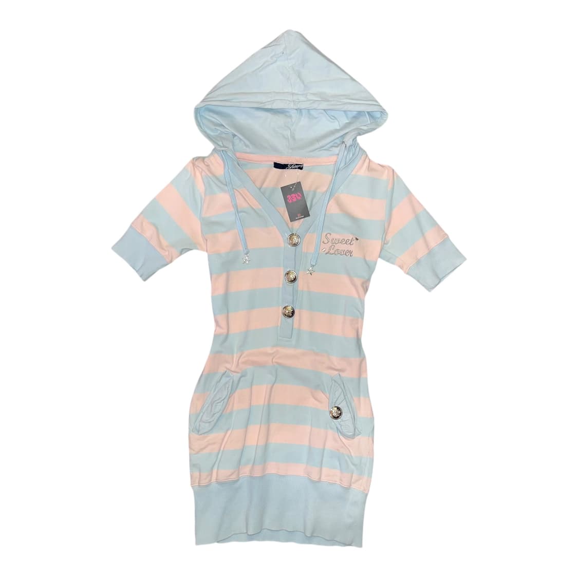 하늘핑크단가라 왕단추 후드 반팔 원피스 키치갸루y2k 상품이미지1