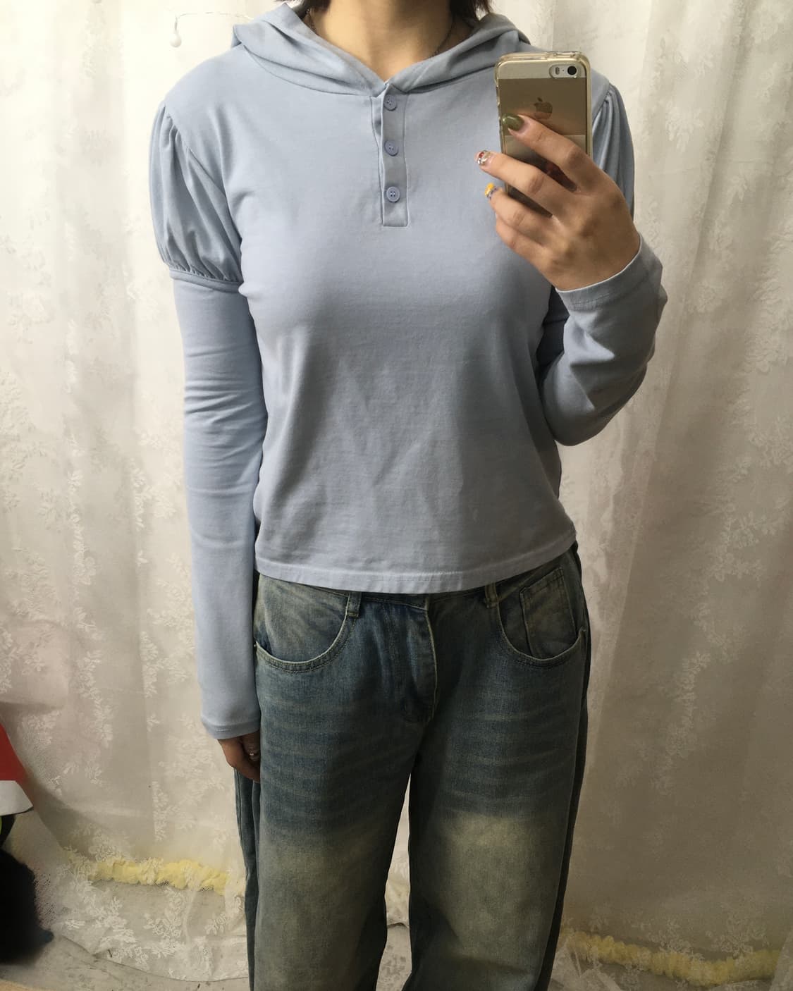 Powder Blue Puff Sleeve Cropped Hoodie 상품이미지6