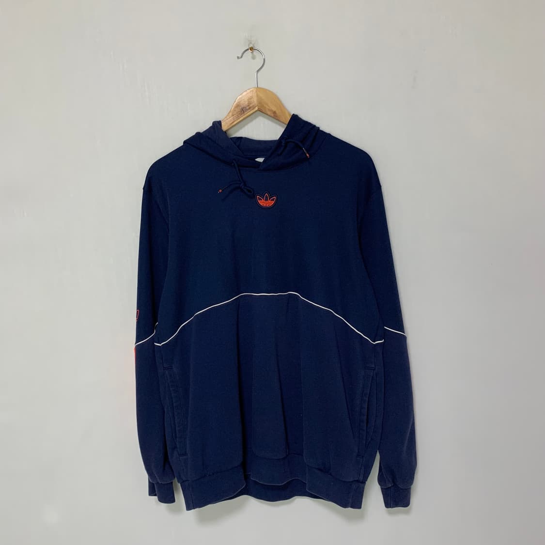 아디다스 빈티지 네이비 오렌지 형광 로고 후드티 트레포일 XL 상품이미지1