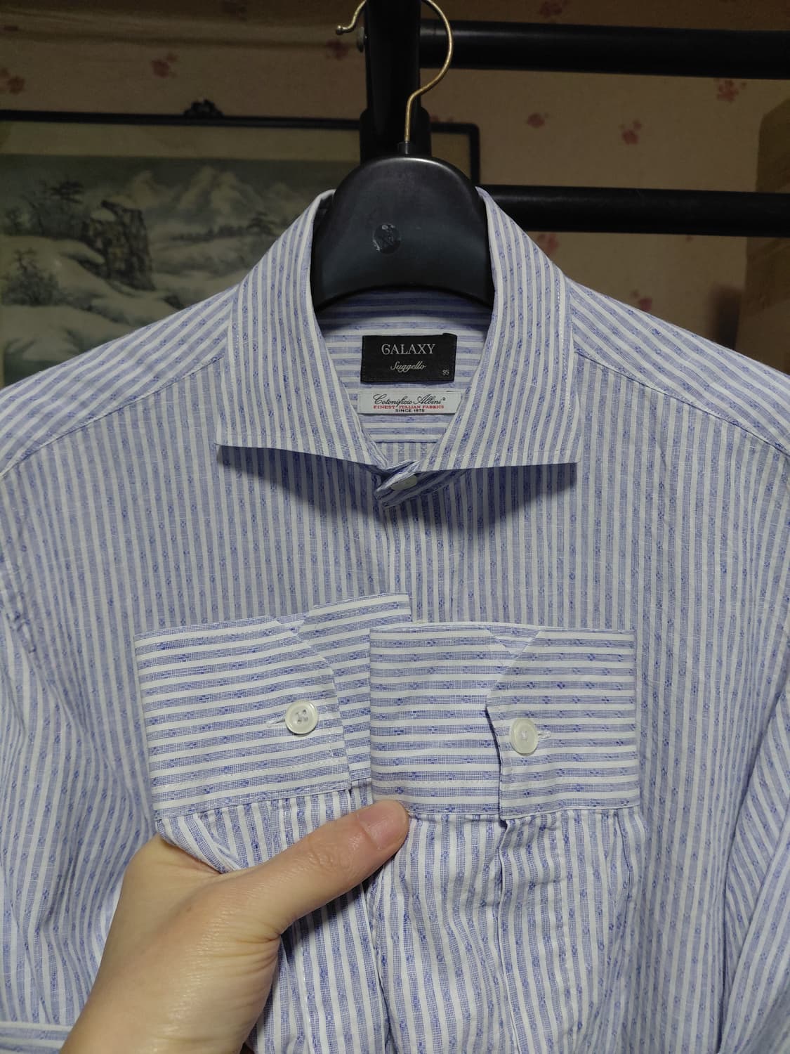 [갤럭시]수젤로 면,마 혼방 블루 도비 스트라이프 셔츠 95 상품이미지6