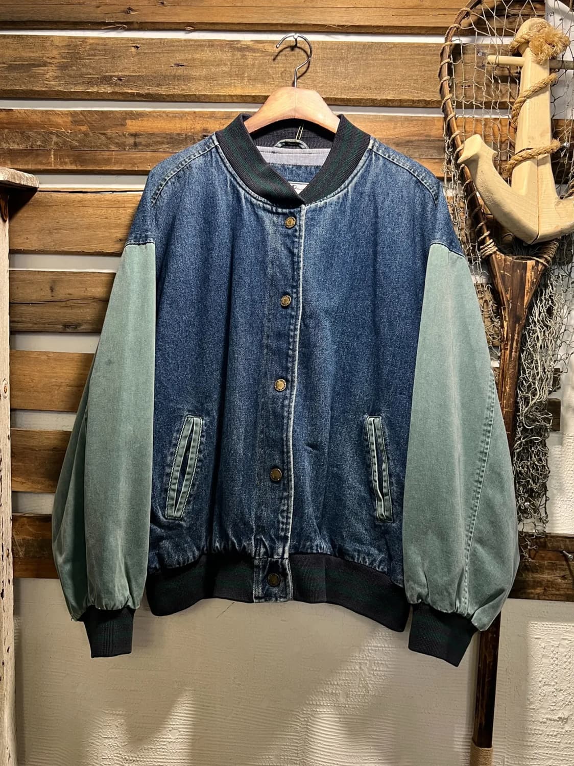 [L]90's USA 빈티지 워싱 데님 그린 바시티 자켓 상품이미지1