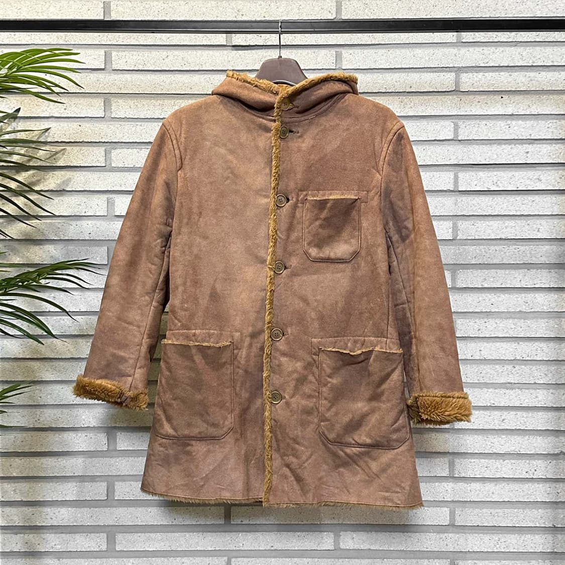 ITALY VINTAGE 후드 무스탕 하프코트 투포켓 디테일 브라운 상품이미지2