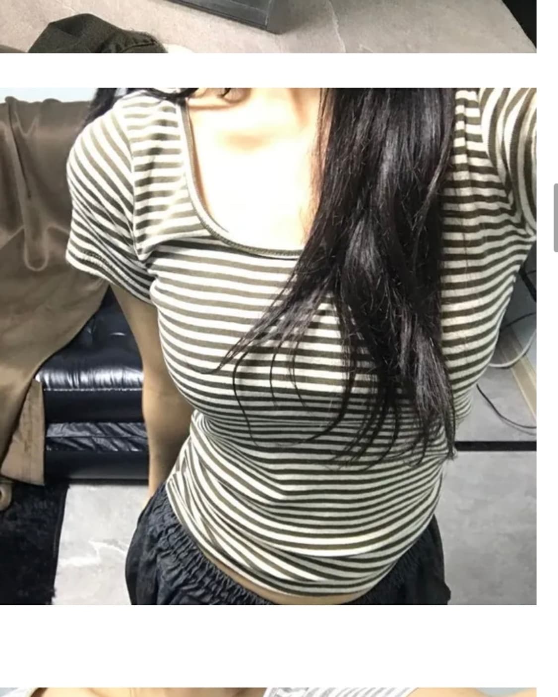 에이블리 스퀘어넥 스트라이프 반팔티 카키 상품이미지1