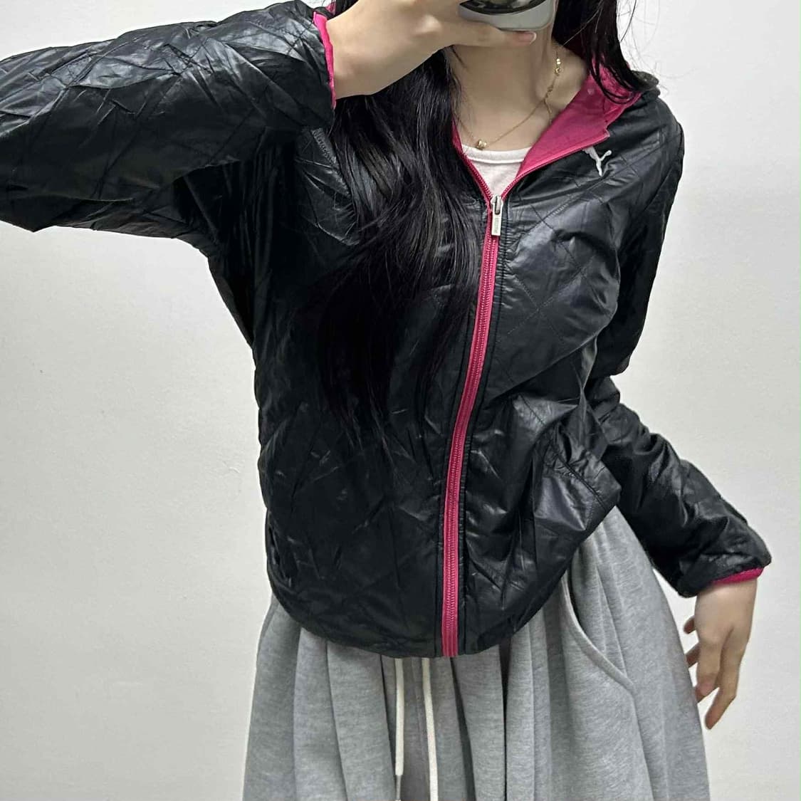 퓨마 일본판 블랙 핑크 퀄티드 자켓 경량  후드 패딩(L) 상품이미지1