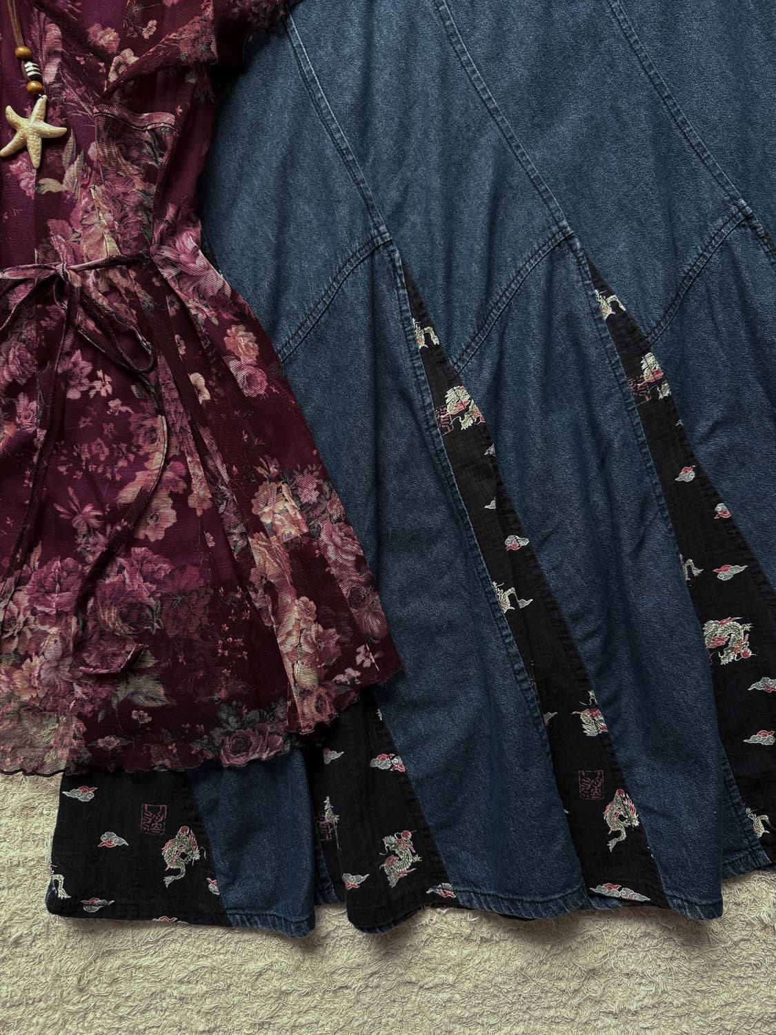 Stitched Oriental Patch Denim Skirt 0405 상품이미지2