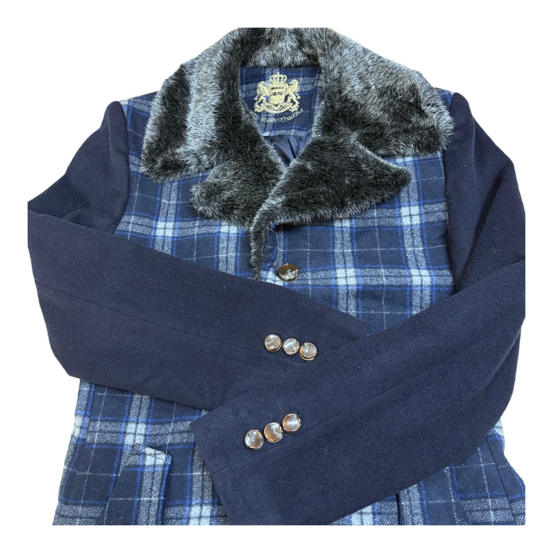 빈티지 네이비 체크 털 카라 코트 상품이미지3