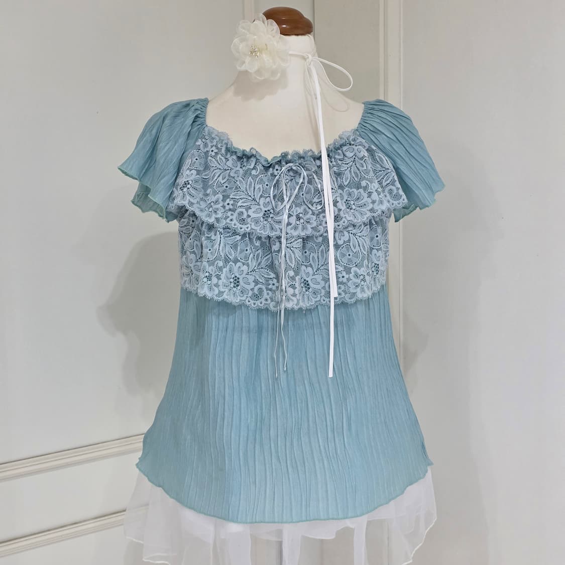 일본빈티지)그린민트 모리걸st 레이스 셔링보헤미안 스모크 캉캉 블라우스 상품이미지1