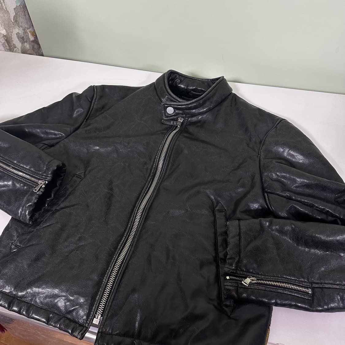 95 알마니진스 블랙 빈티지워시드 가죽자켓 상품이미지1