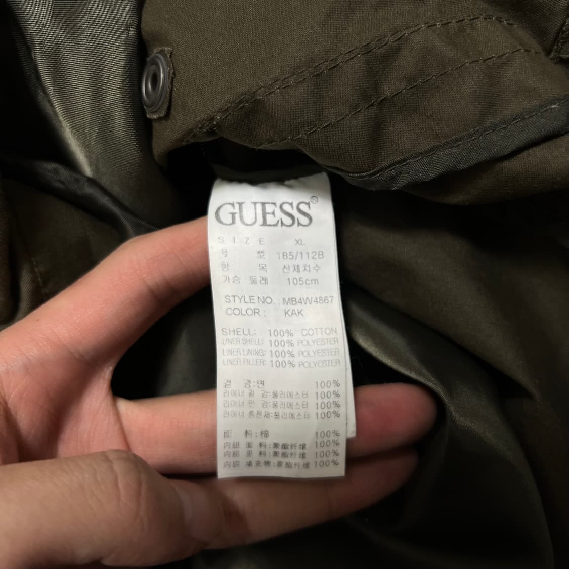 게스 LA 뽀글이 플리스 안감 후드 롱 야상 점퍼 [카키] XL/105 상품이미지6