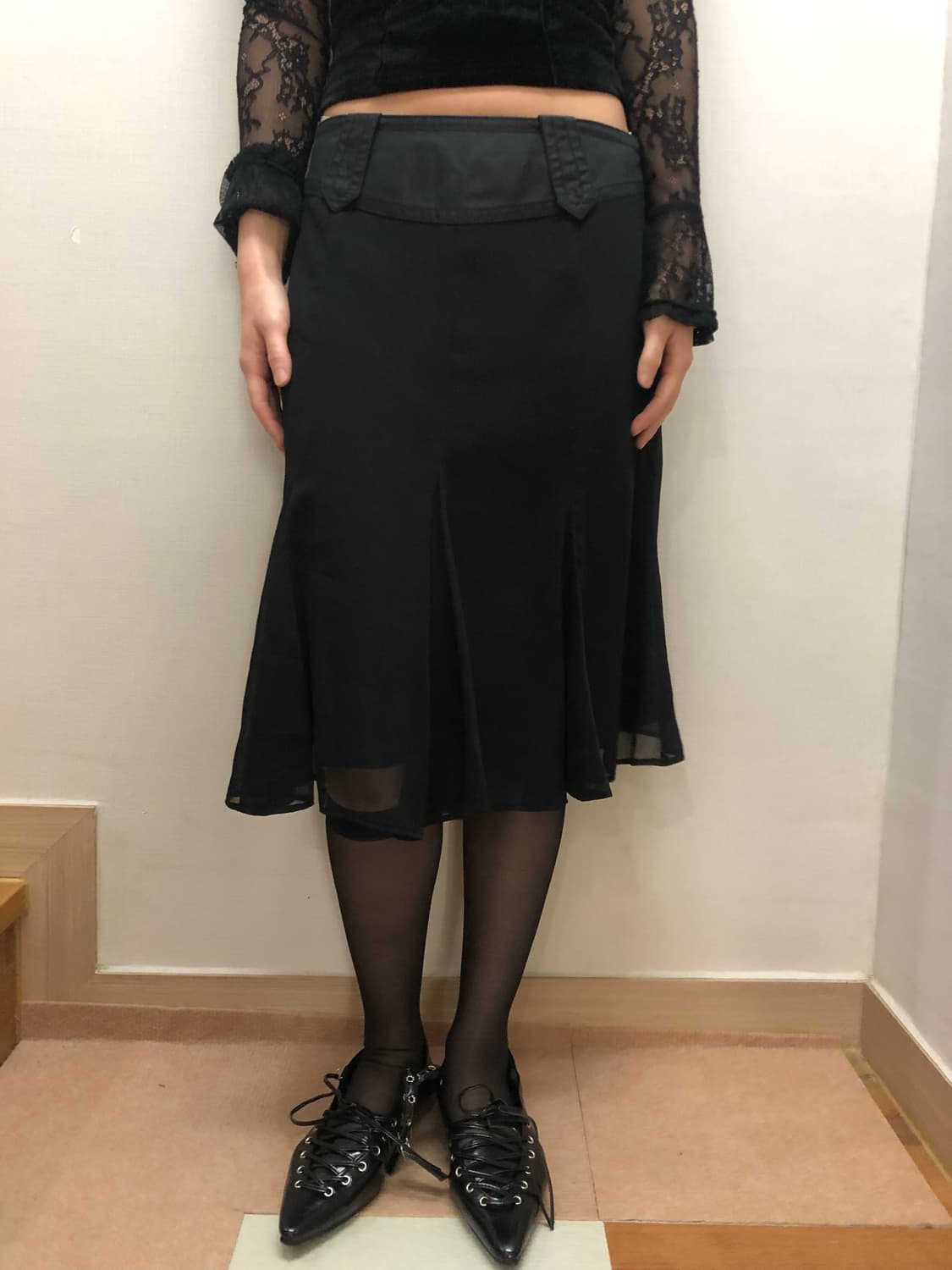빈티지 블랙 쉬폰 미디 스커트 상품이미지7