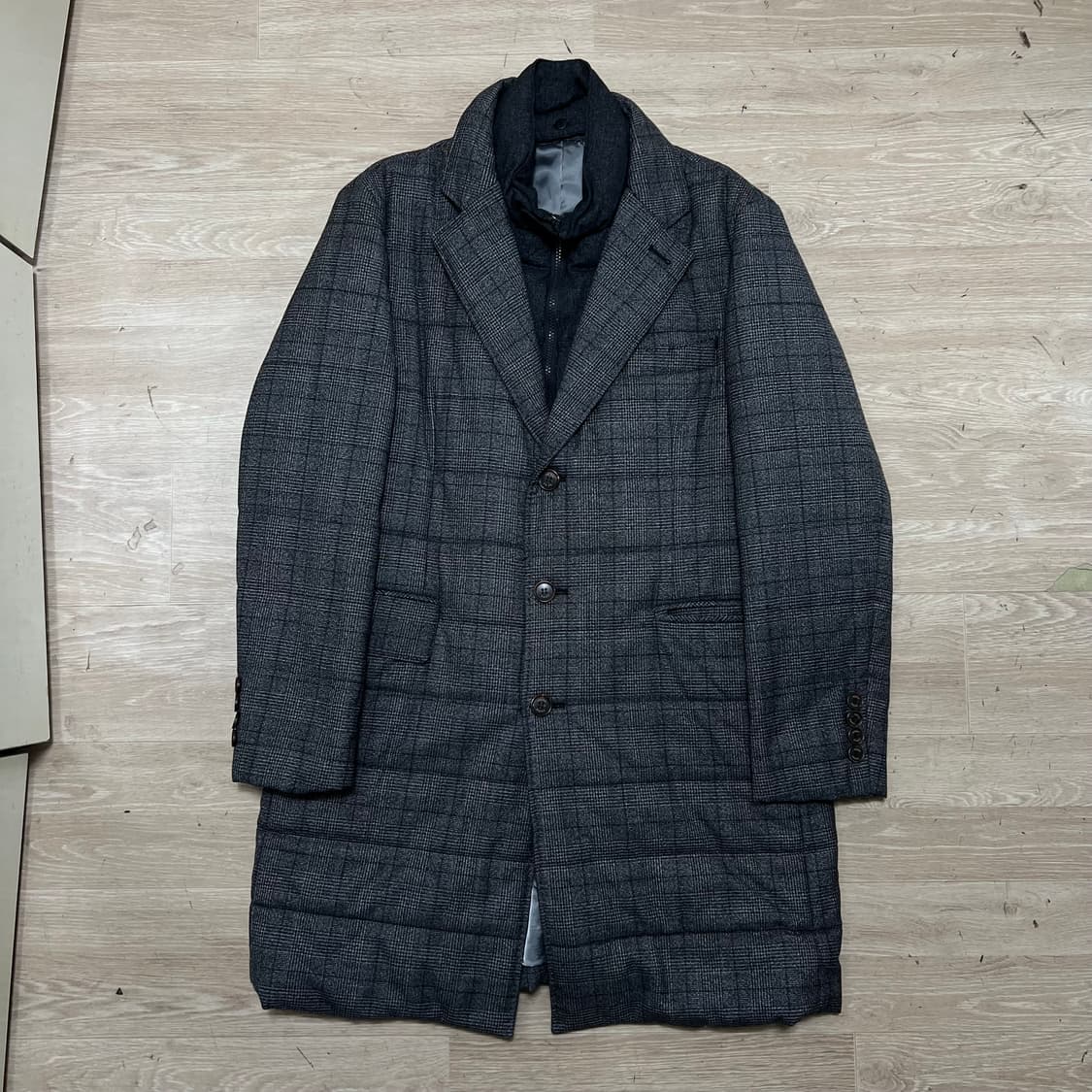 지오투 모직 헤링본 체크 롱패딩 코트 [차콜] 2XL/110 상품이미지1