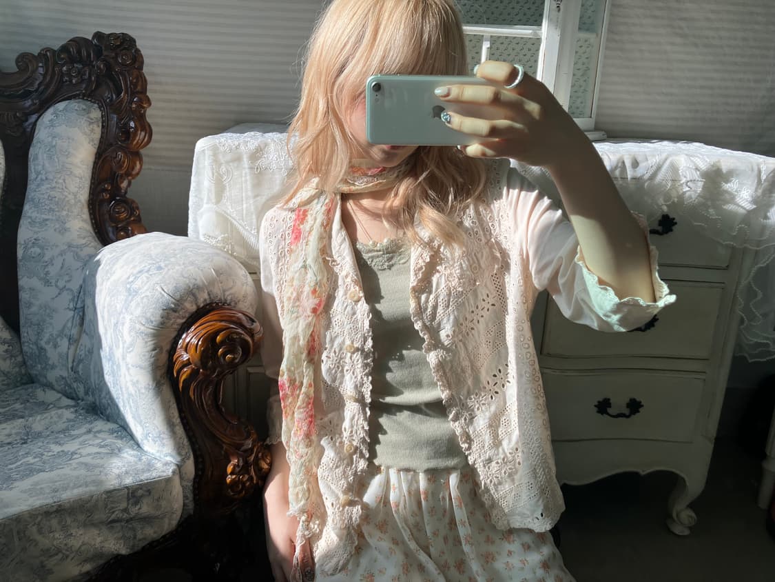 Set)레이스 펀칭자켓 + 플로럴 머플러 + 민트 그린 나시 상품이미지3