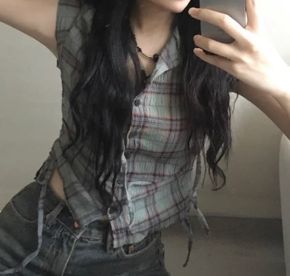 [빈티지] 포레스트 체크 반팔 후드 셔츠 블라우스  상품이미지1