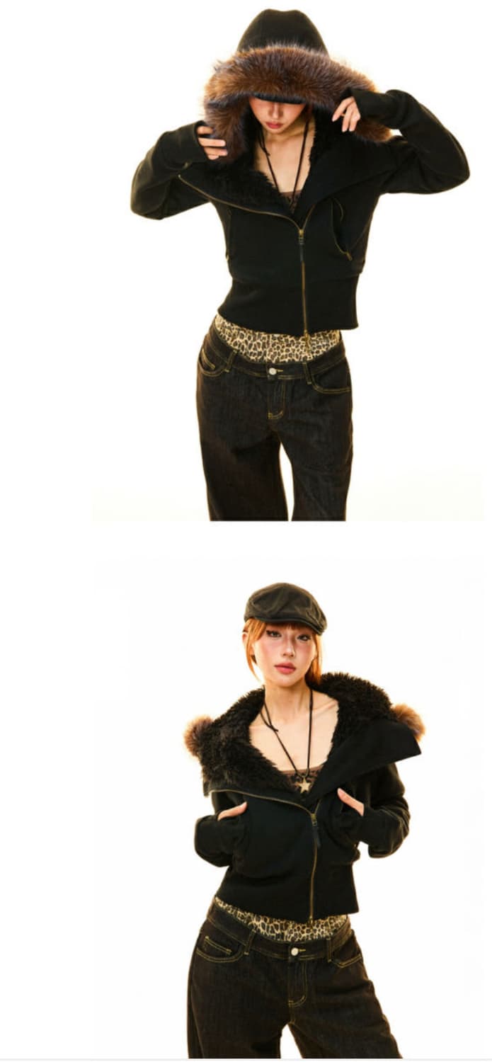 YOUNG STAGE 퍼 슬랜티드 후드 스웨트셔츠 집업 상품이미지7