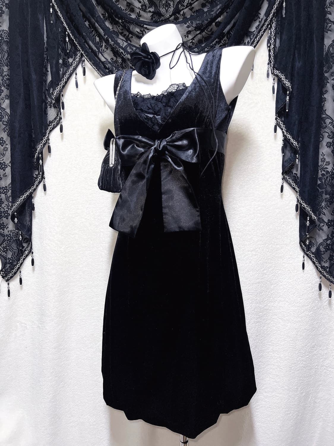 로맨틱고딕 고스로리 펑크 프릴레이스 리본 벨벳 원피스 히메 공겜 갸루 상품이미지4