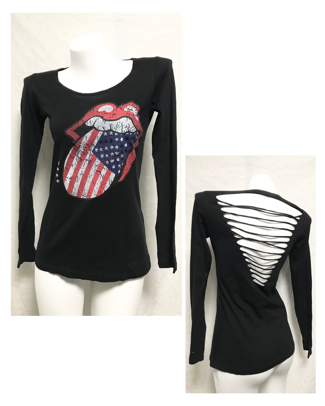 빈티지 갸루 펑크 성조기 스터드 컷아웃 데미지 롱슬리브 탑 상품이미지1