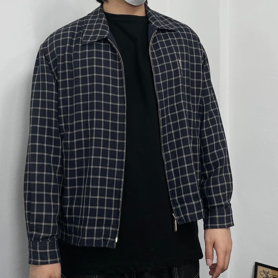 XL 입생로랑 체크 린넨 시스루 블루종 자켓 상품이미지2