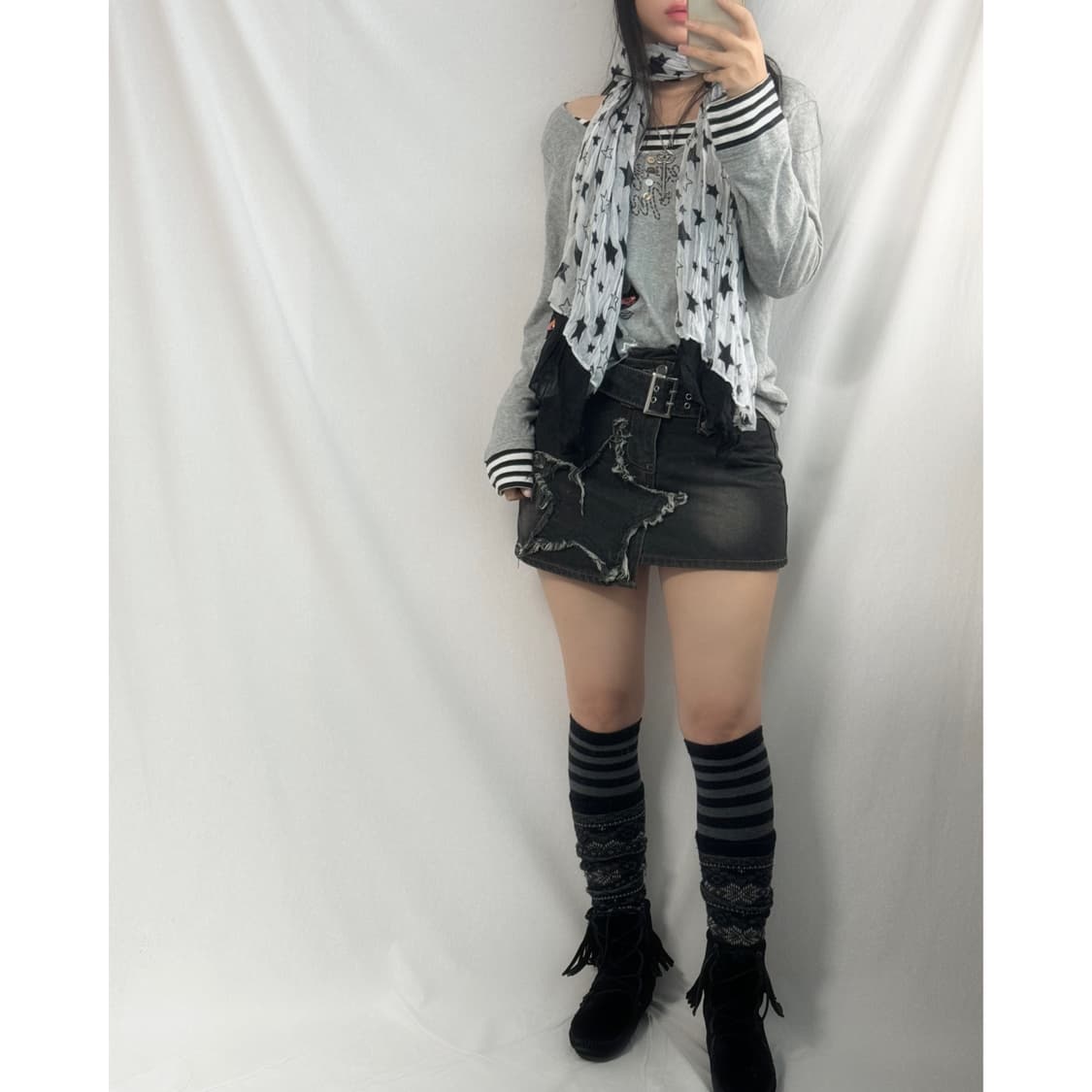 스타 그런지 트림 벨티드 데님 스커트 상품이미지2