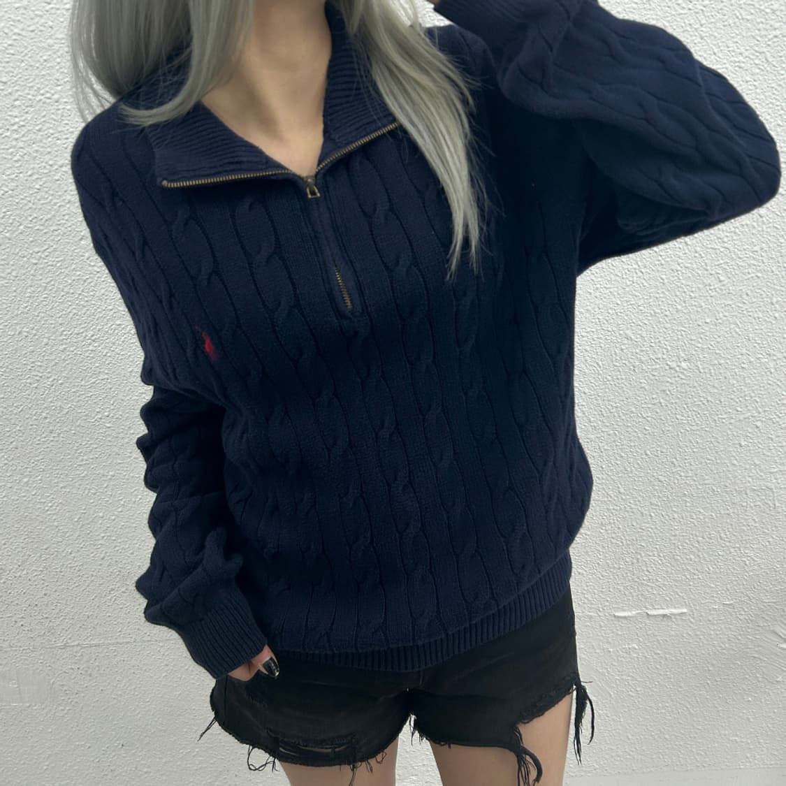 폴로 랄프로렌 레드포니 네이비 꽈배기 니트 반집업 L 상품이미지1