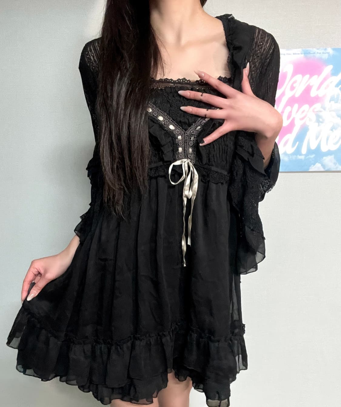 엑시즈팜 엔틱 에스닉 나비 자수 레이스 슬리브리스 쉬폰 블랙 원피스 상품이미지5