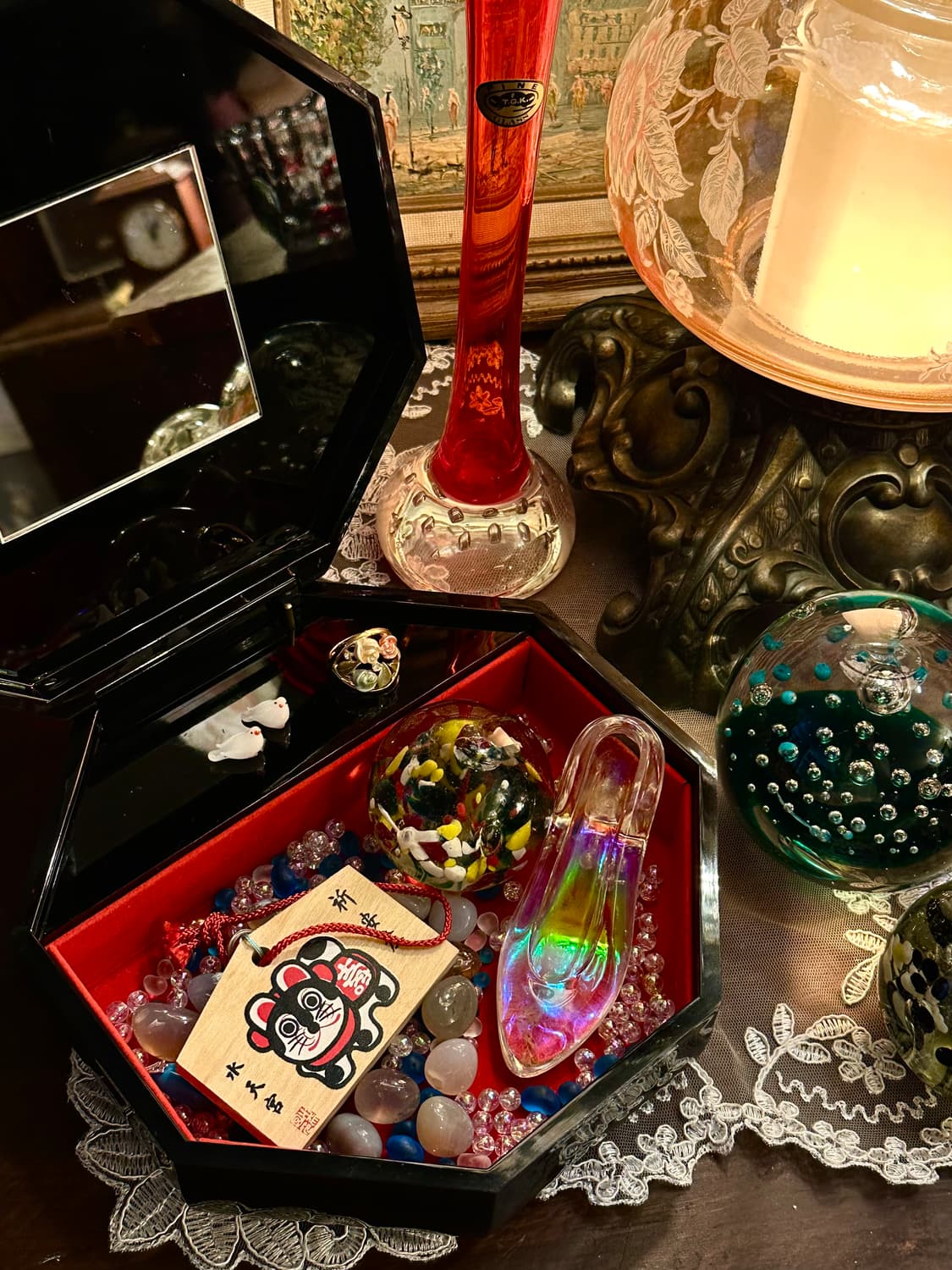 일본 빈티지 오르골 팔각 칠기 보석함 소품함 상품이미지4